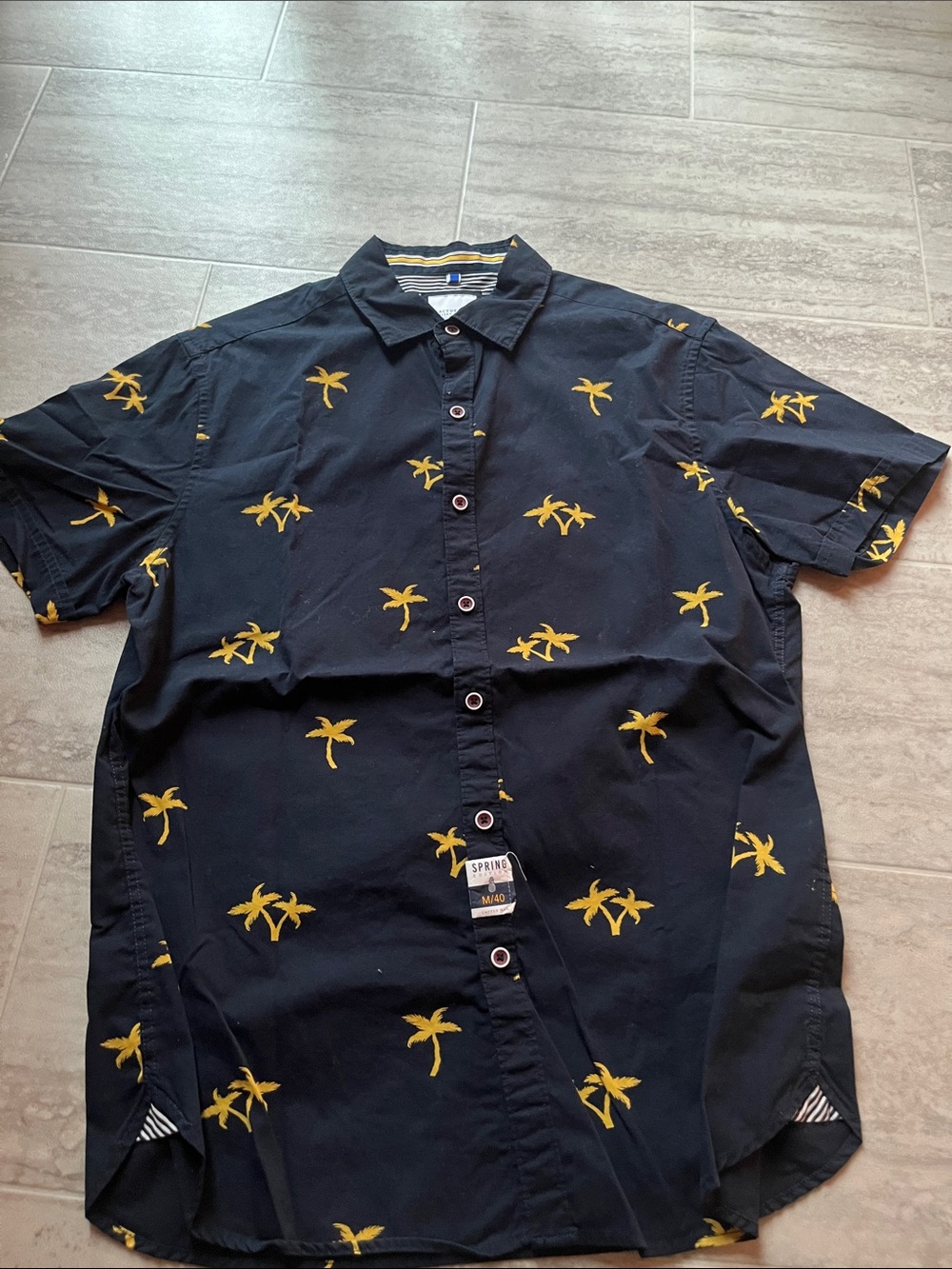 Men's Black Short-Sleeve Button-Down Shirt with Yellow Palm Print